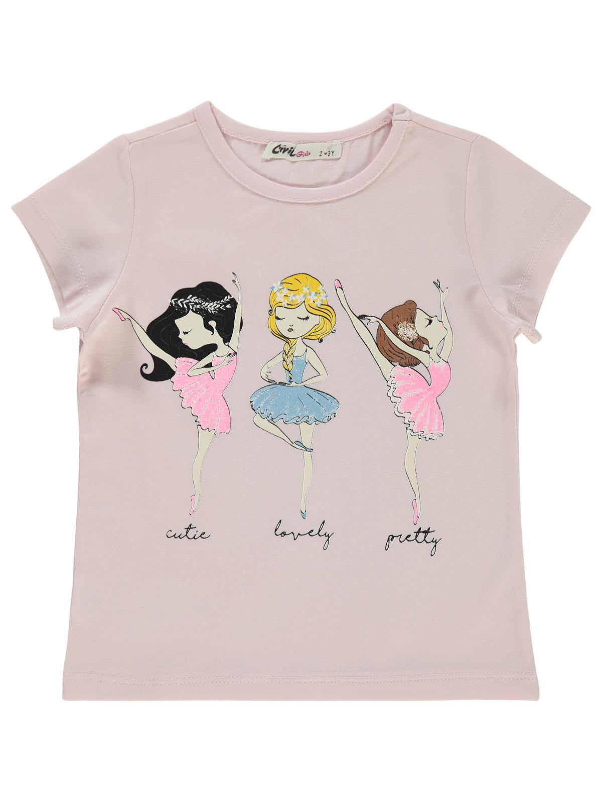 Civil Girls Balerin Baskılı 2-5 Yaş Tişört - Pembe