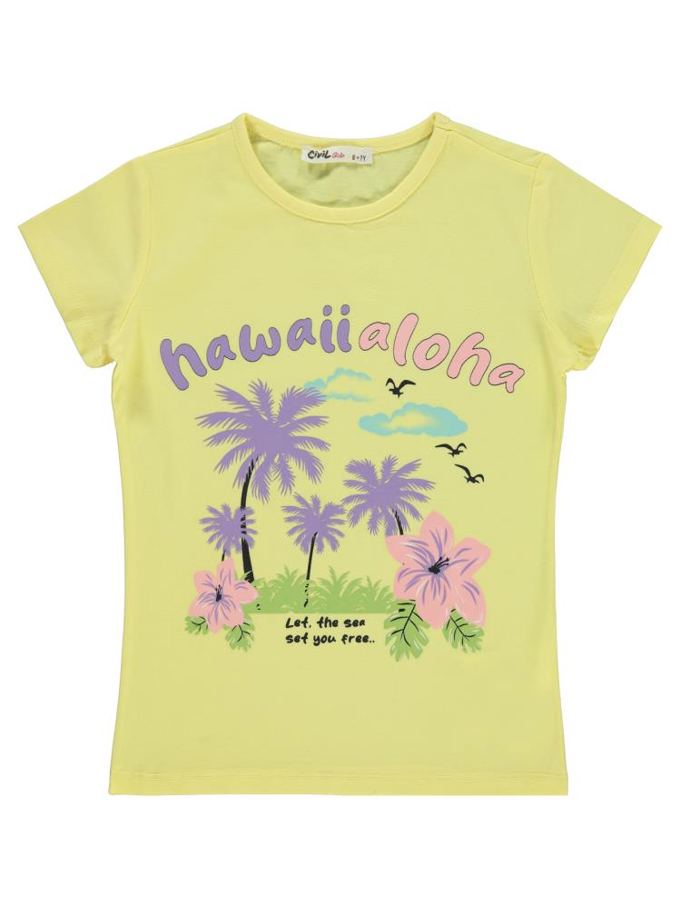 Civil Girls Havai Aloha Baskılı 6-9 Yaş Tişört - Sarı