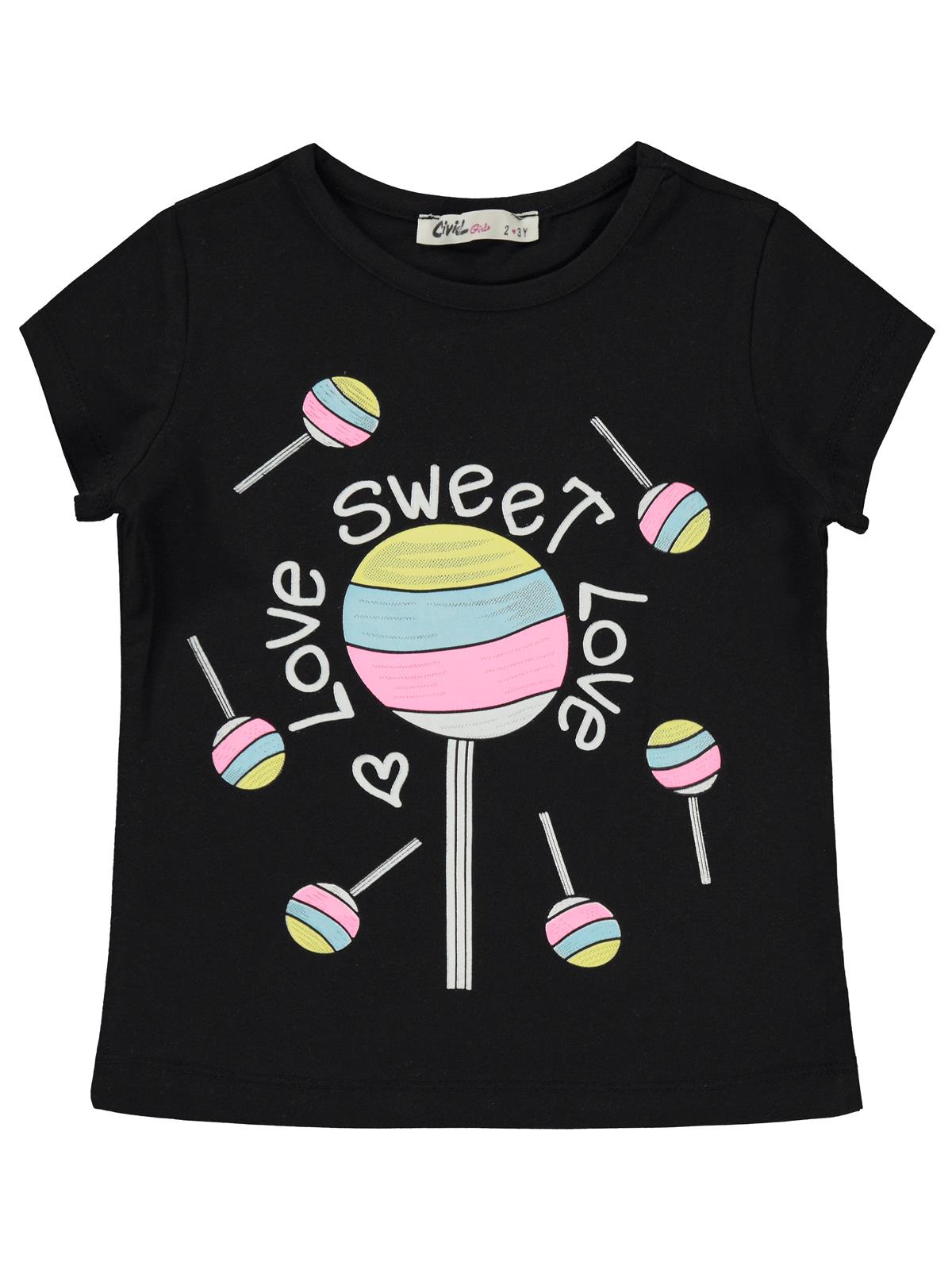 Civil Girls Şeker Baskılı 2-5 Yaş Tişört - Siyah