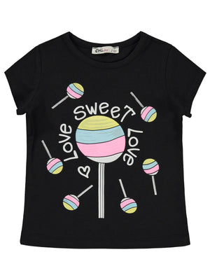 Civil Girls Şeker Baskılı 2-5 Yaş Tişört - Siyah