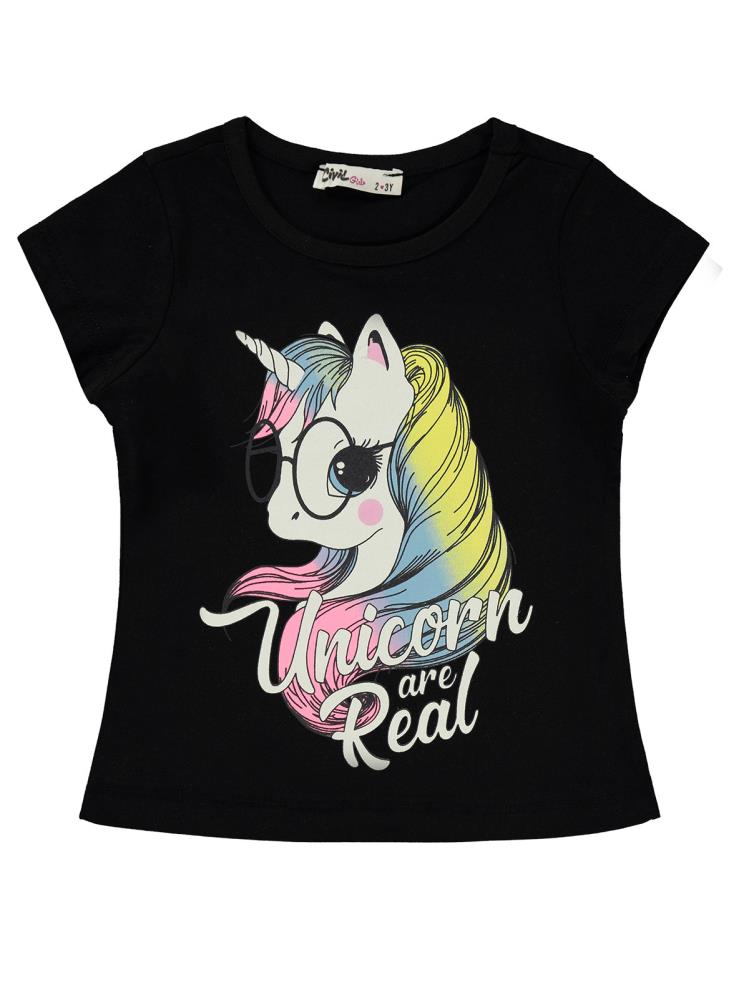 Civil Girls Unicorn Baskılı 2-5 Yaş Tişört - Siyah