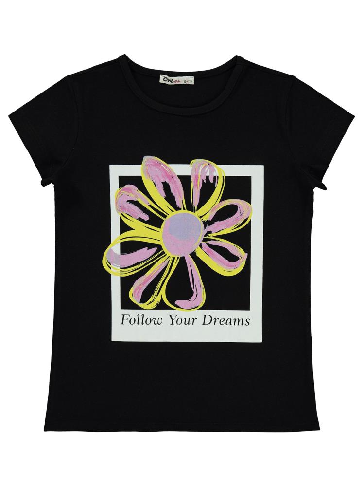 Civil Girls Çiçek Baskılı 10-13 Yaş Tişört - Siyah
