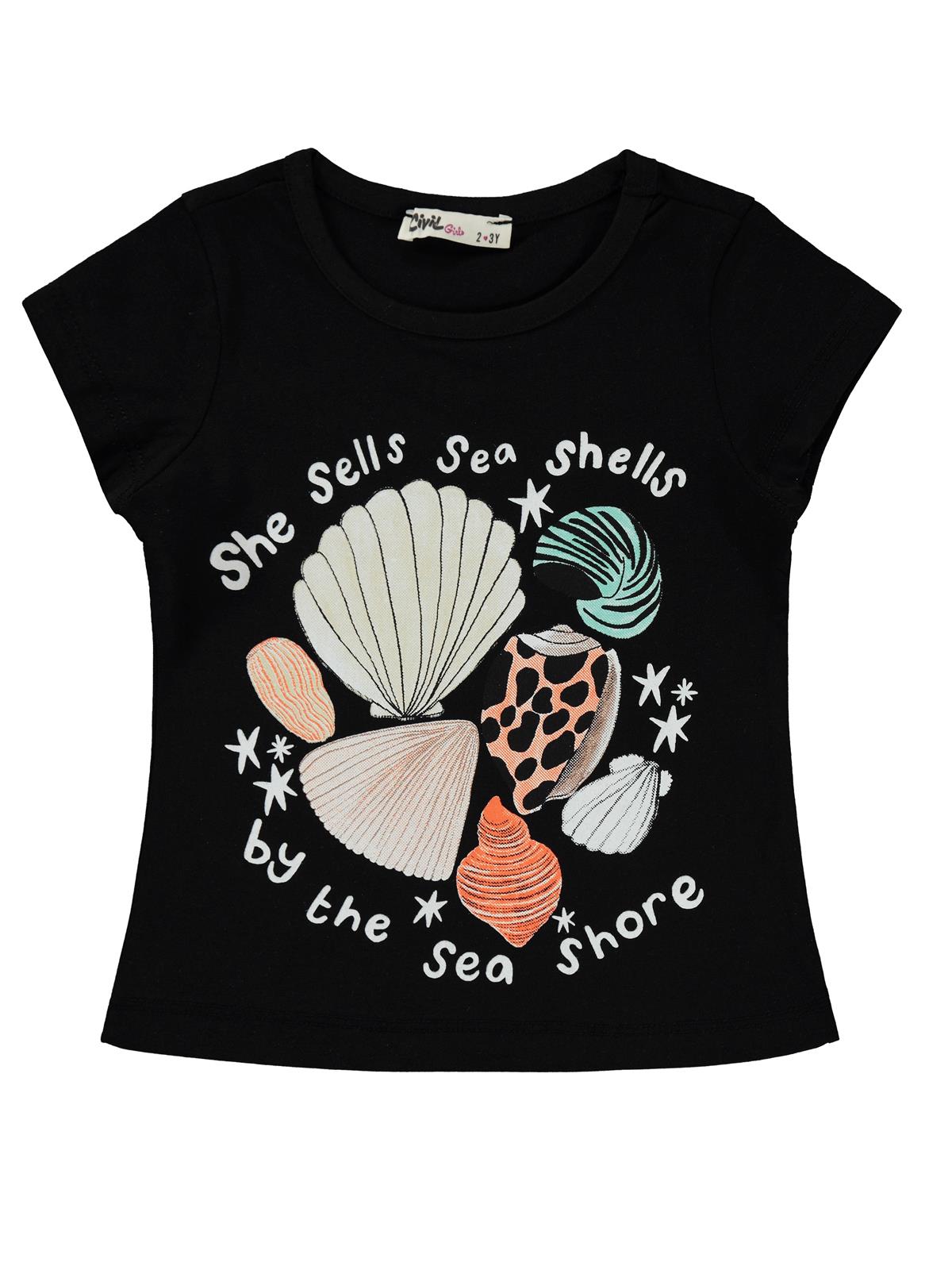 Civil Girls Deniz Kabuğu Baskılı 2-5 Yaş Tişört - Siyah