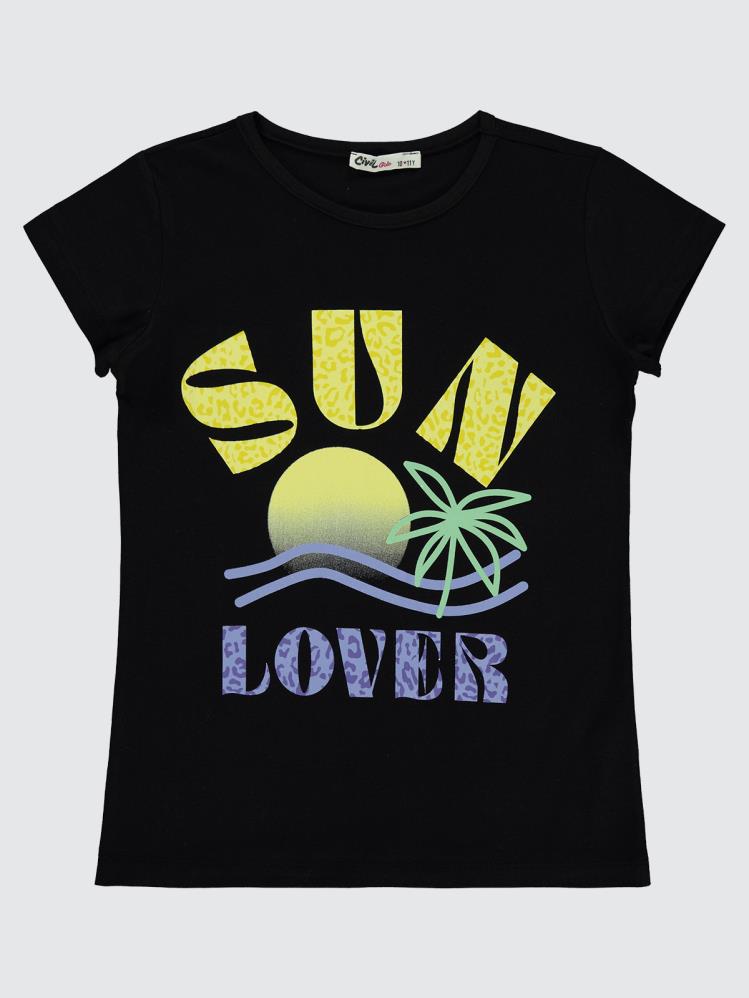 Civil Girls Sun Lover Baskılı 10-13 Yaş Tişört - Siyah