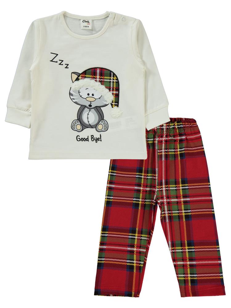 Civil Baby Şapkalı Kedi Baskılı 6-18 Ay Pijama Takımı - Kırmızı