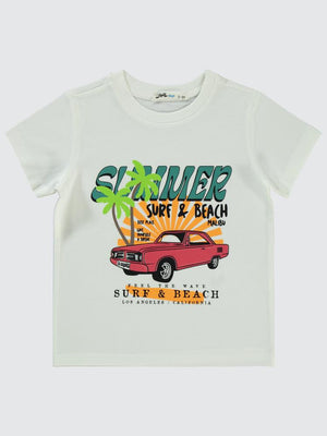 Civil Boys Summer Araba Baskılı 2-5 Yaş Tişört - Ekru