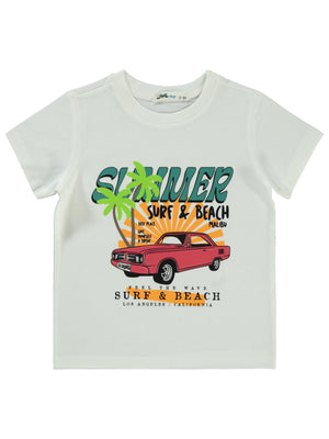 Civil Boys Summer Araba Baskılı 2-5 Yaş Tişört - Ekru
