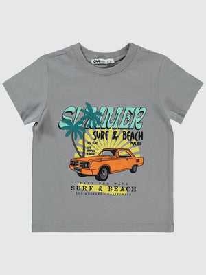 Civil Boys Summer Araba Baskılı 2-5 Yaş Tişört - Gri