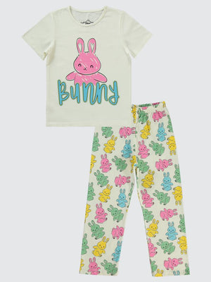 Civil Girls Tavşan Baskılı 10-13 Yaş Pijama Takımı - Ekru