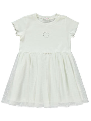Civil Girls Kalp Baskılı Tüllü 2-5 Yaş Elbise - Ekru