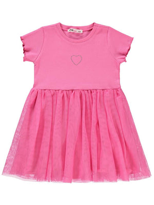 Civil Girls Kalp Baskılı Tüllü 2-5 Yaş Elbise - Fusya