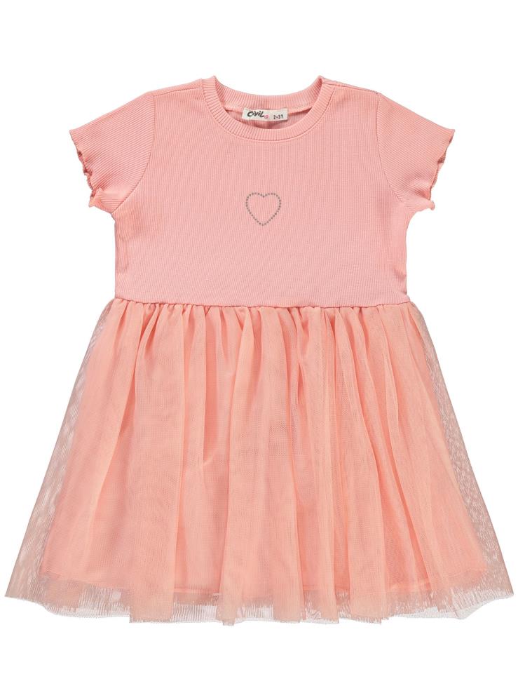 Civil Girls Kalp Baskılı Tüllü 2-5 Yaş Elbise - Pudra