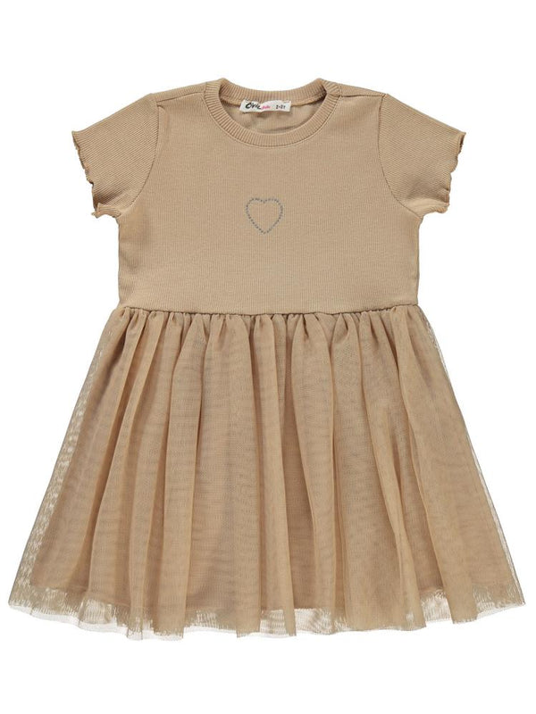 Civil Girls Kalp Baskılı Tüllü 2-5 Yaş Elbise - Bej