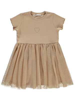 Civil Girls Kalp Baskılı Tüllü 2-5 Yaş Elbise - Bej