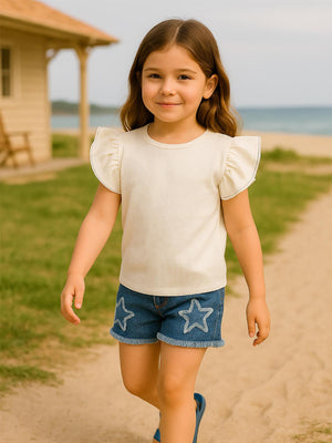 Civil Girls Volan Kollu 6-9 Yaş Tişört - Ekru