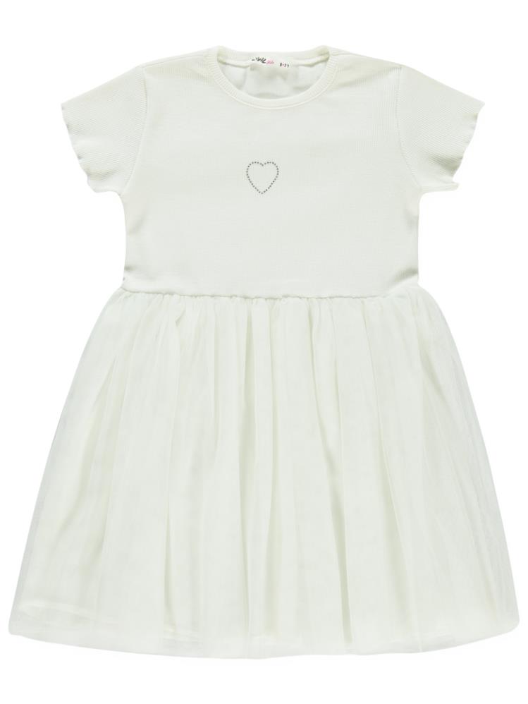 Civil Girls Kalp Baskılı Tüllü 6-9 Yaş Elbise - Ekru