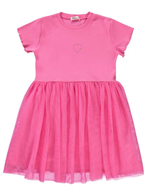 Civil Girls Kalp Baskılı Tüllü 6-9 Yaş Elbise - Fusya