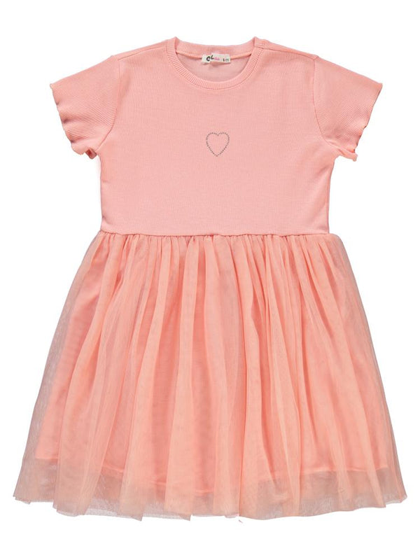 Civil Girls Kalp Baskılı Tüllü 6-9 Yaş Elbise - Pudra