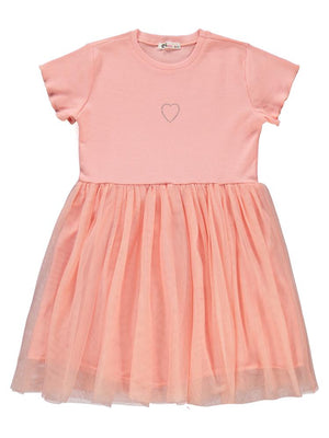Civil Girls Kalp Baskılı Tüllü 6-9 Yaş Elbise - Pudra