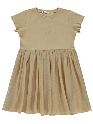 Civil Girls Kalp Baskılı Tüllü 6-9 Yaş Elbise - Bej