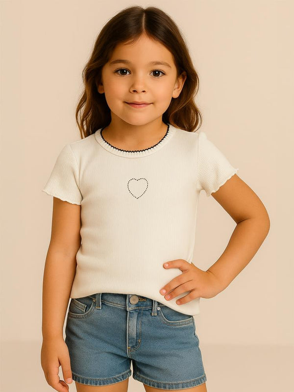 Civil Girls Kalp Baskılı 6-9 Yaş Tişört - Ekru