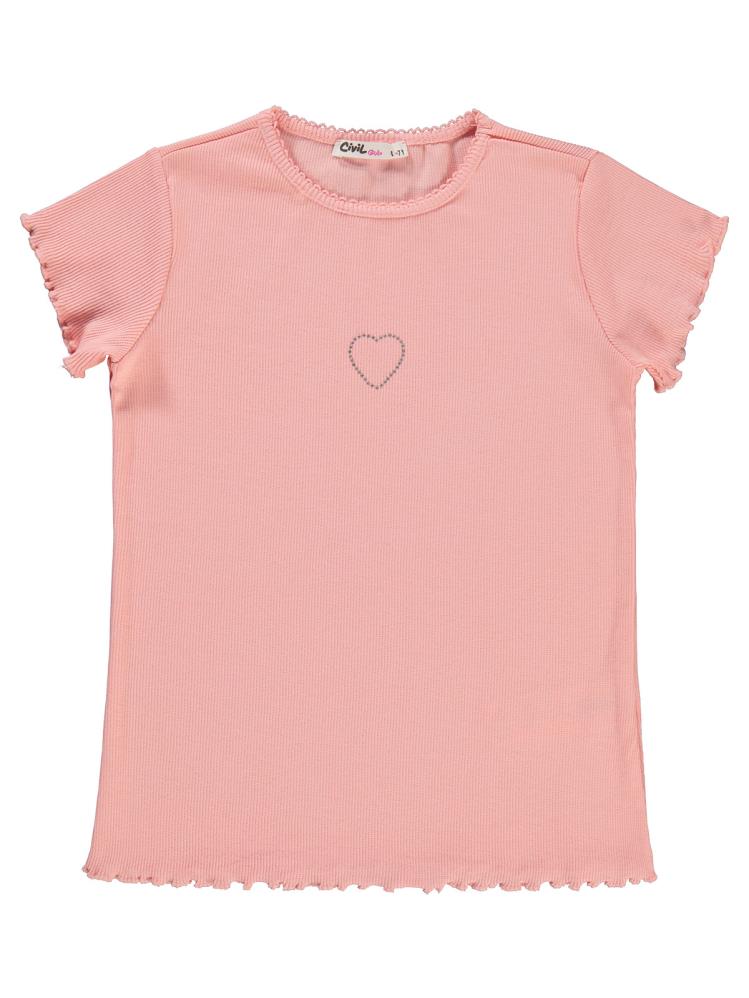Civil Girls Kalp Baskılı 10-13 Yaş Tişört - Pudra