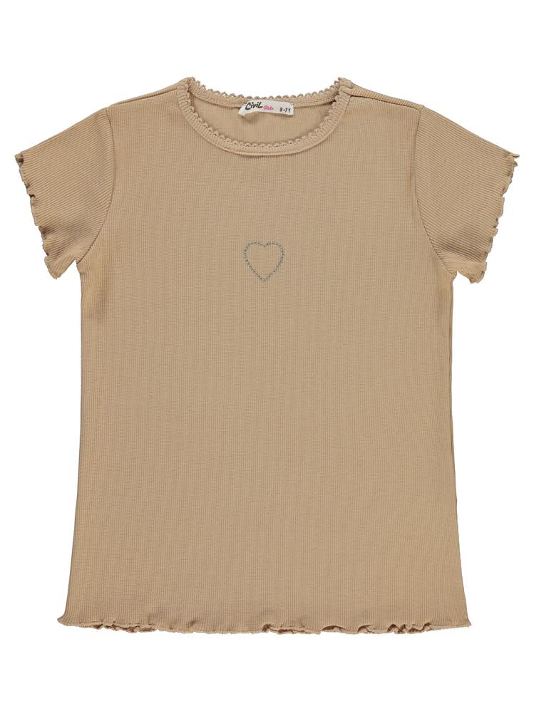 Civil Girls Kalp Baskılı 10-13 Yaş Tişört - Bej