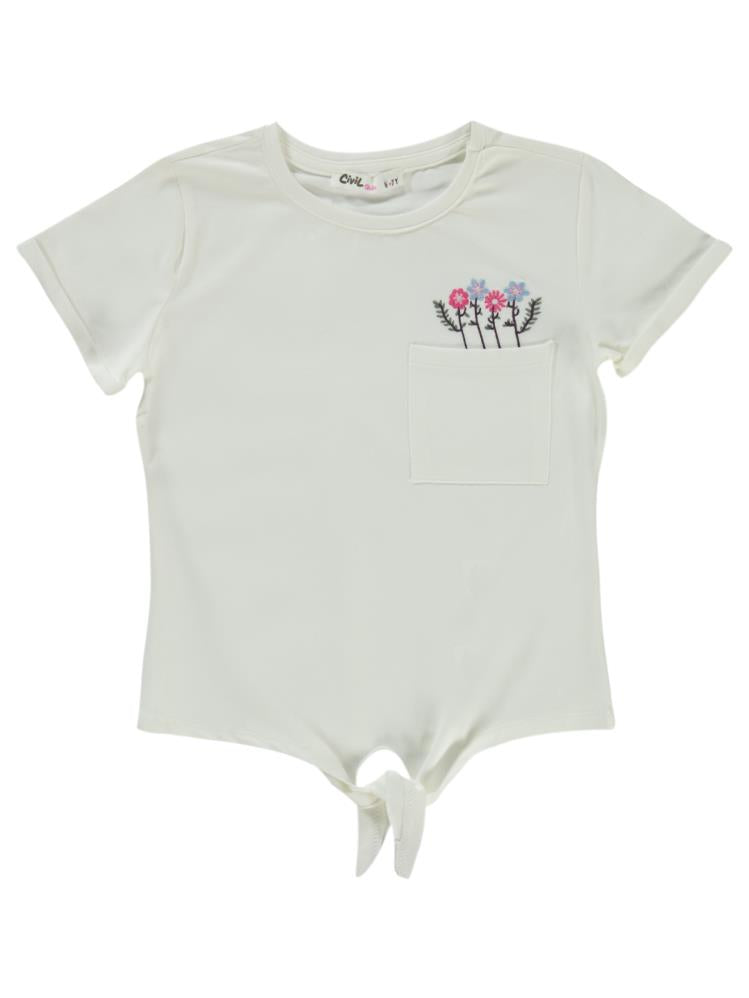 Civil Girls Çiçek Nakışlı 6-9 Yaş Tişört - Ekru