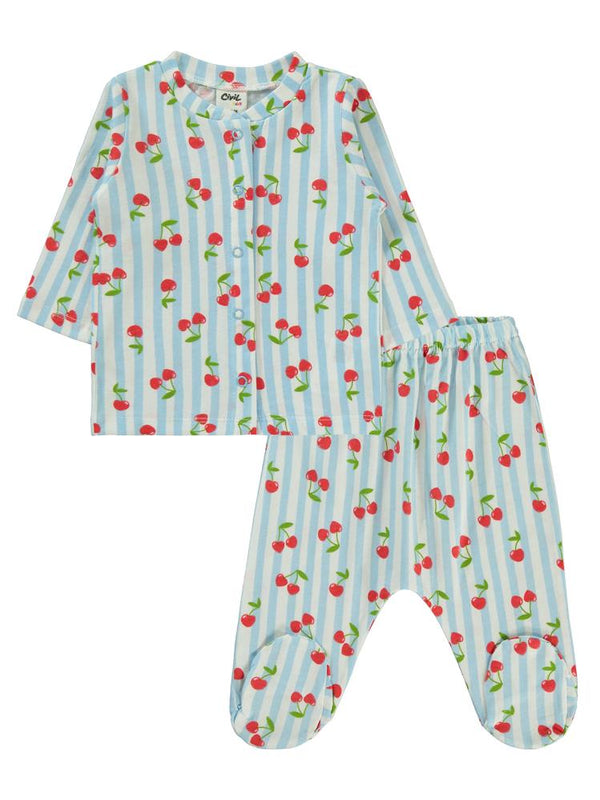 Civil Baby Çizgili Kiraz Baskılı 1-6 Ay Pijama Takımı - Mavi