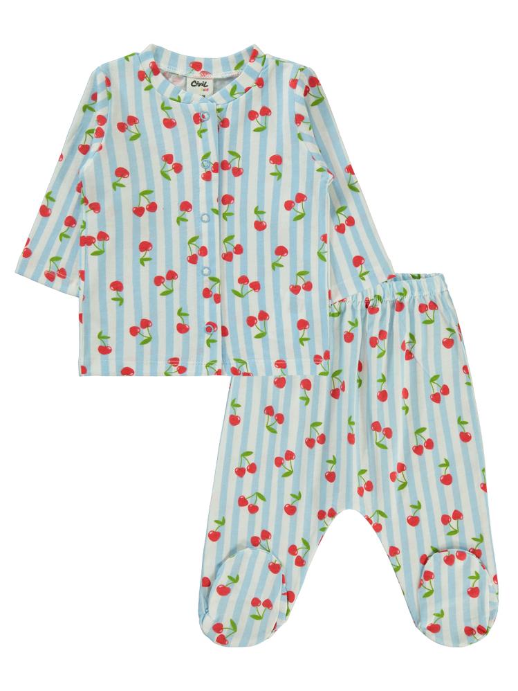 Civil Baby Çizgili Kiraz Baskılı 1-6 Ay Pijama Takımı - Mavi