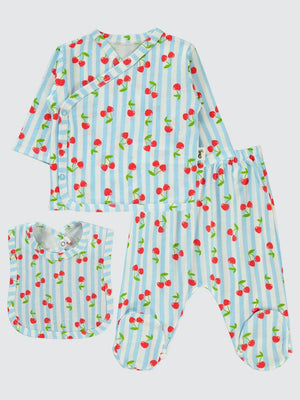 Civil Baby Çizgili Kiraz Baskılı 0-1 Ay Zıbın Takımları - Mavi