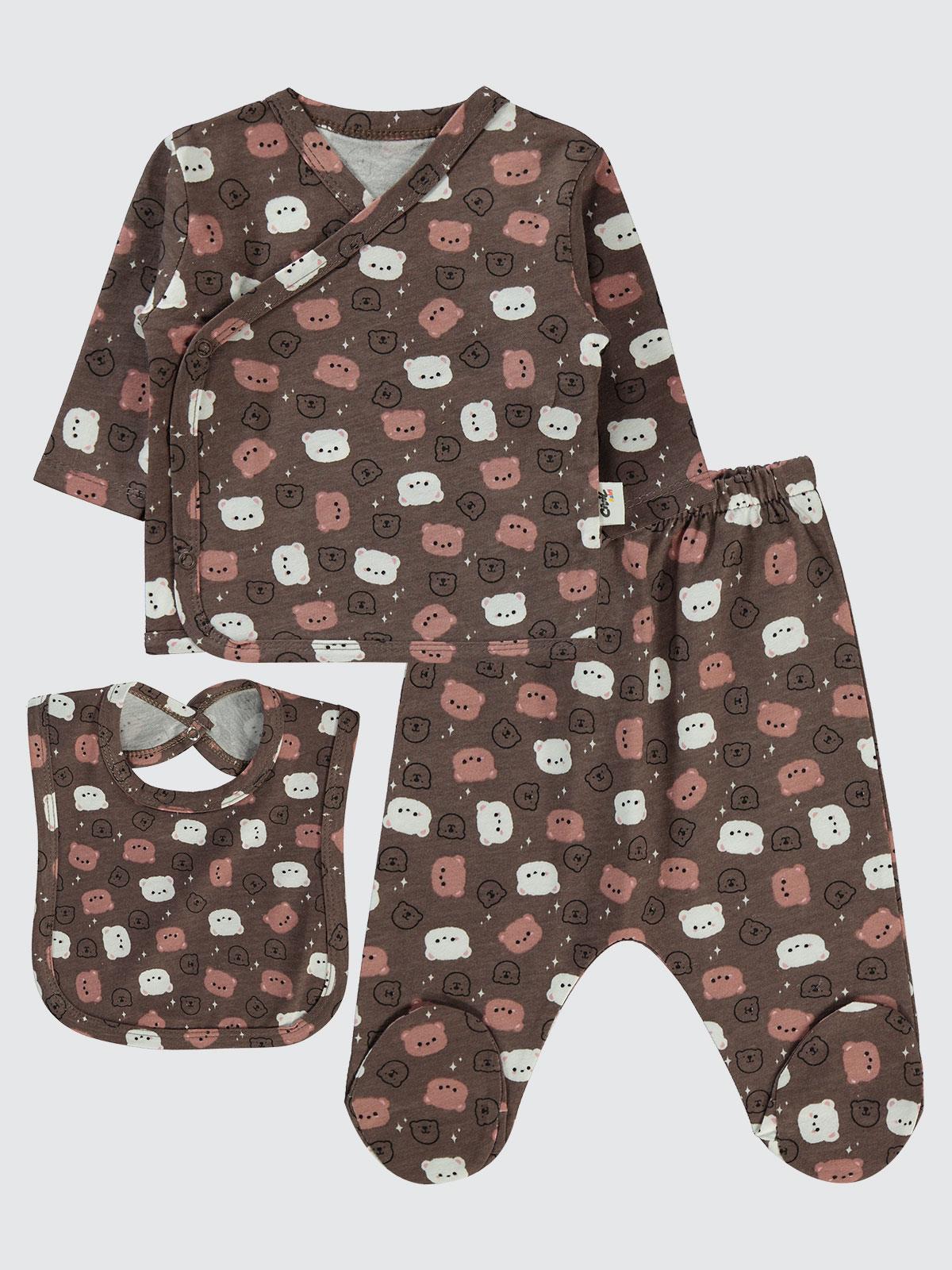 Civil Baby Ayıcık Baskılı 0-1 Ay Zıbın Takımları - Kahverengi