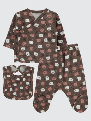 Civil Baby Ayıcık Baskılı 0-1 Ay Zıbın Takımları - Kahverengi