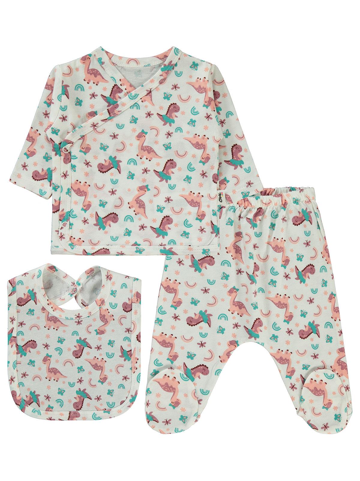 Civil Baby Dinazor Baskılı 0-1 Ay Zıbın Takımları - Ekru