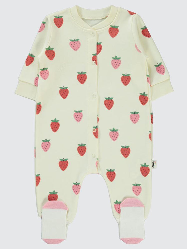 Civil Baby Çilek Baskılı 1-6 Ay Tulum - Ekru