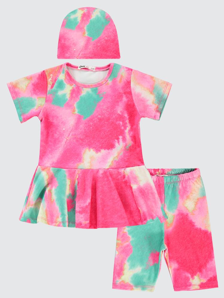 Civil Girls Batik Desen Haşema 2-12 Yaş Mayo Set - Pembe