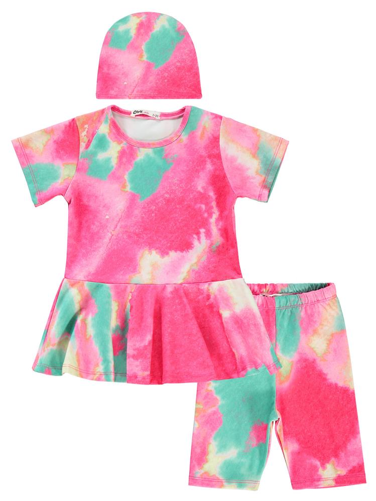 Civil Girls Batik Desen Haşema 2-12 Yaş Mayo Set - Pembe