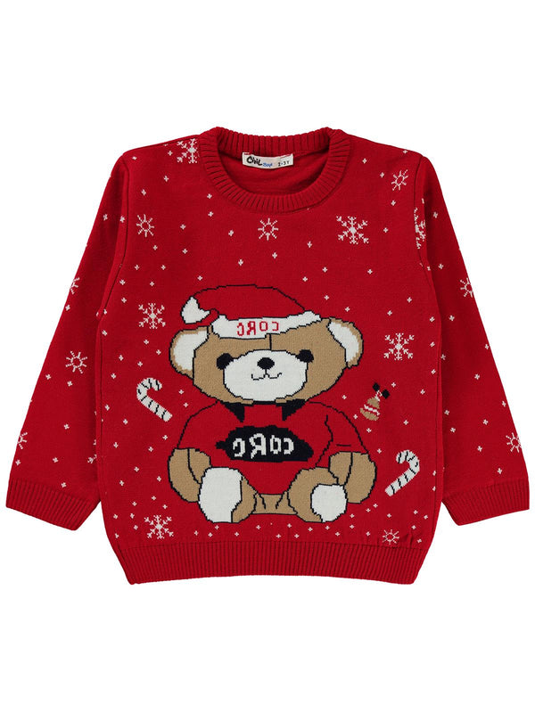 Civil Boys Şapkalı Ayı Desenli 2-5 Yaş Kazak - Kırmızı