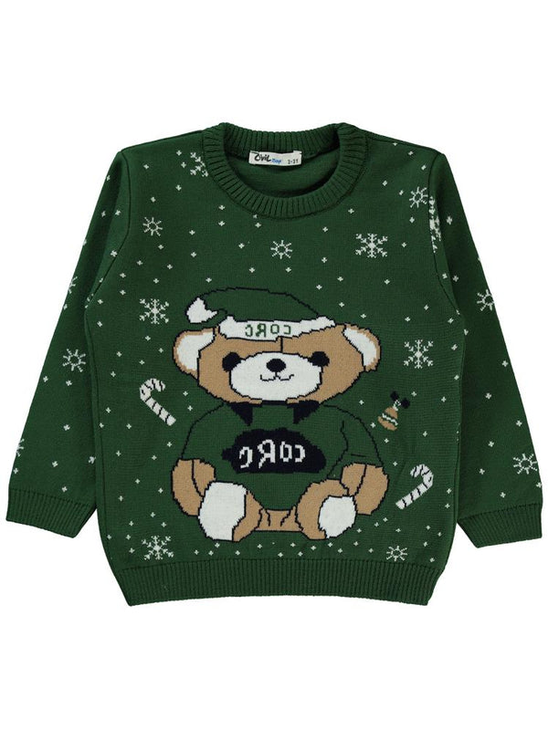 Civil Boys Şapkalı Ayı Desenli 2-5 Yaş Kazak - Yeşil