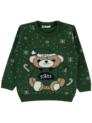 Civil Boys Şapkalı Ayı Desenli 2-5 Yaş Kazak - Yeşil