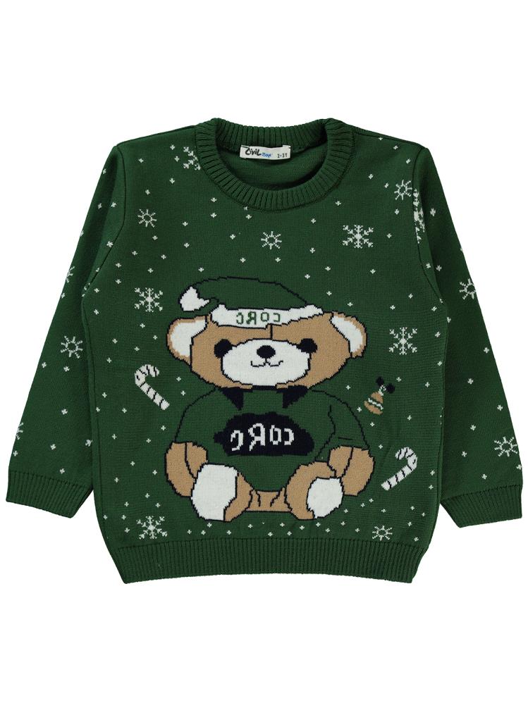 Civil Boys Şapkalı Ayı Desenli 2-5 Yaş Kazak - Yeşil