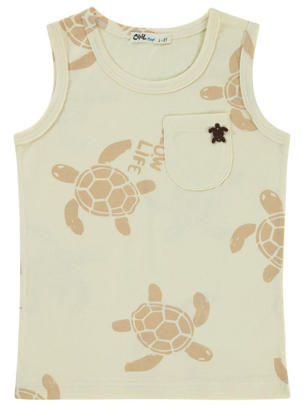 Civil Boys Kaplumbağa Baskılı Sıfır Kol 2-5 Yaş Tişört - Fil Dişi