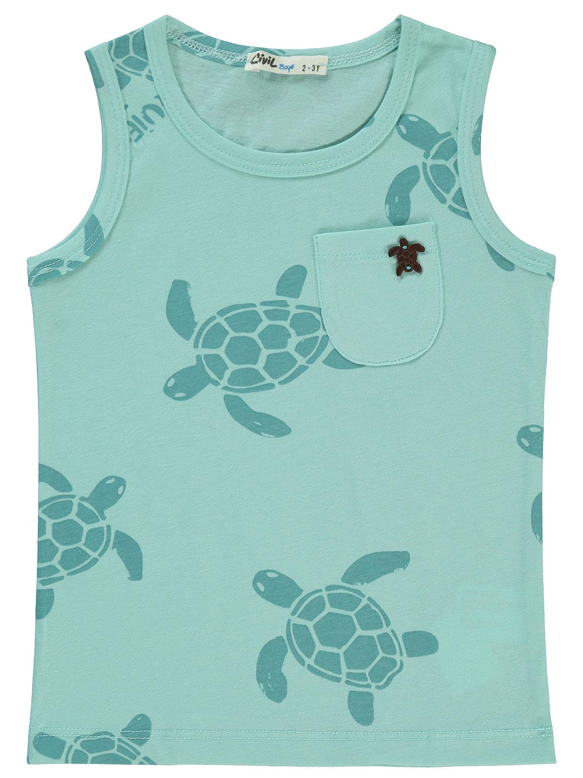 Civil Boys Kaplumbağa Baskılı Sıfır Kol 2-5 Yaş Tişört - Mavi