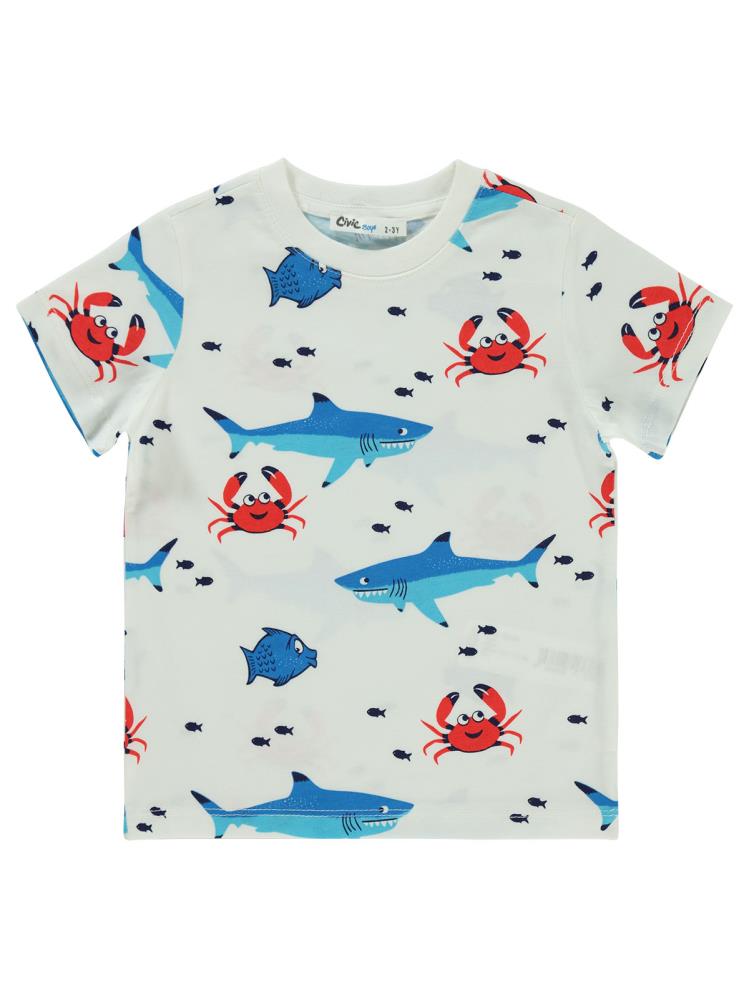 Civil Boys Yengeç ve Balıklar Emprimeli 2-5 Yaş Tişört - Ekru