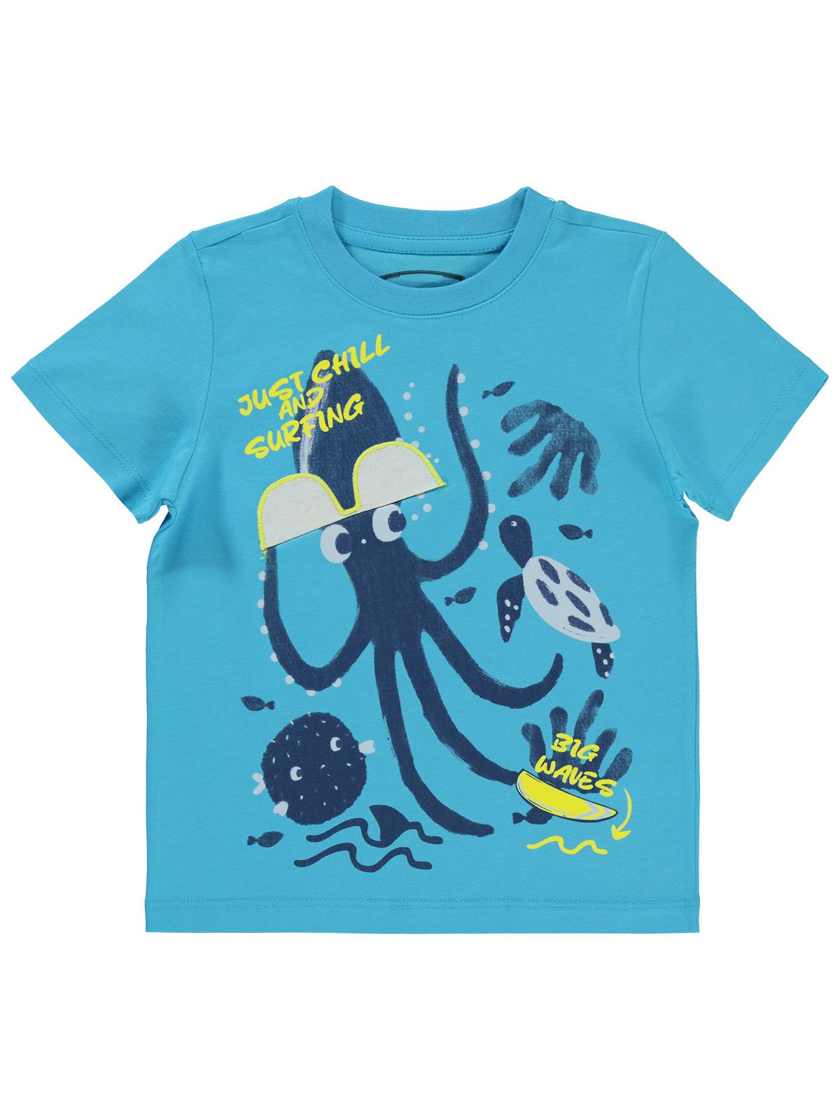 Civil Boys Gözlük Nakış Ahtapot Baskılı 2-5 Yaş Tişört - Mavi
