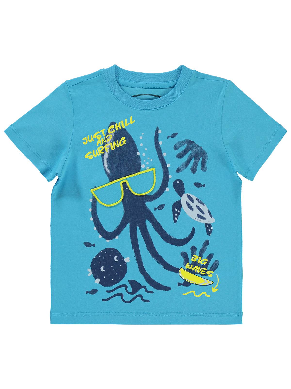 Civil Boys Gözlük Nakış Ahtapot Baskılı 2-5 Yaş Tişört - Mavi