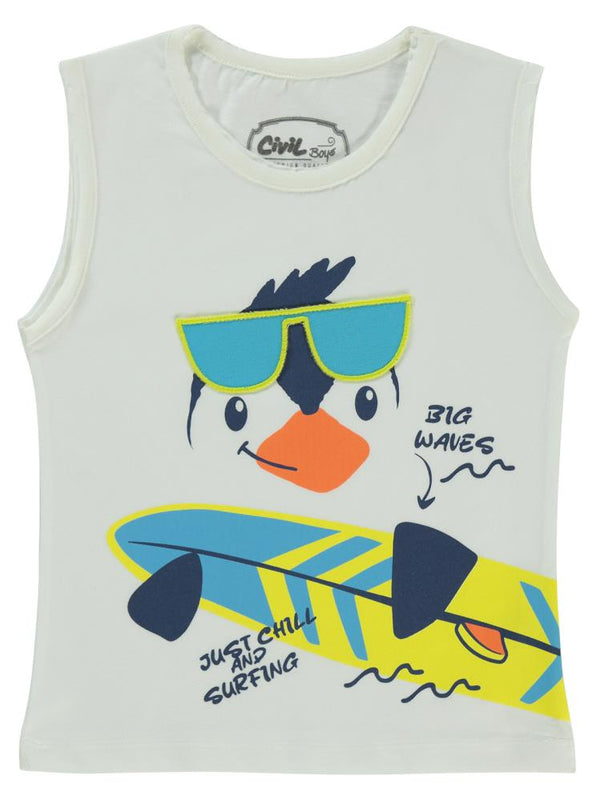 Civil Boys Gözlük Nakış Penguen Baskılı 2-5 Yaş Tişört - Ekru
