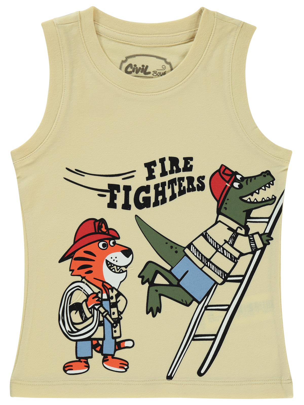 Civil Boys Fıre Fıghters Baskılı Sıfır Kol 2-5 Yaş Tişört - Bej