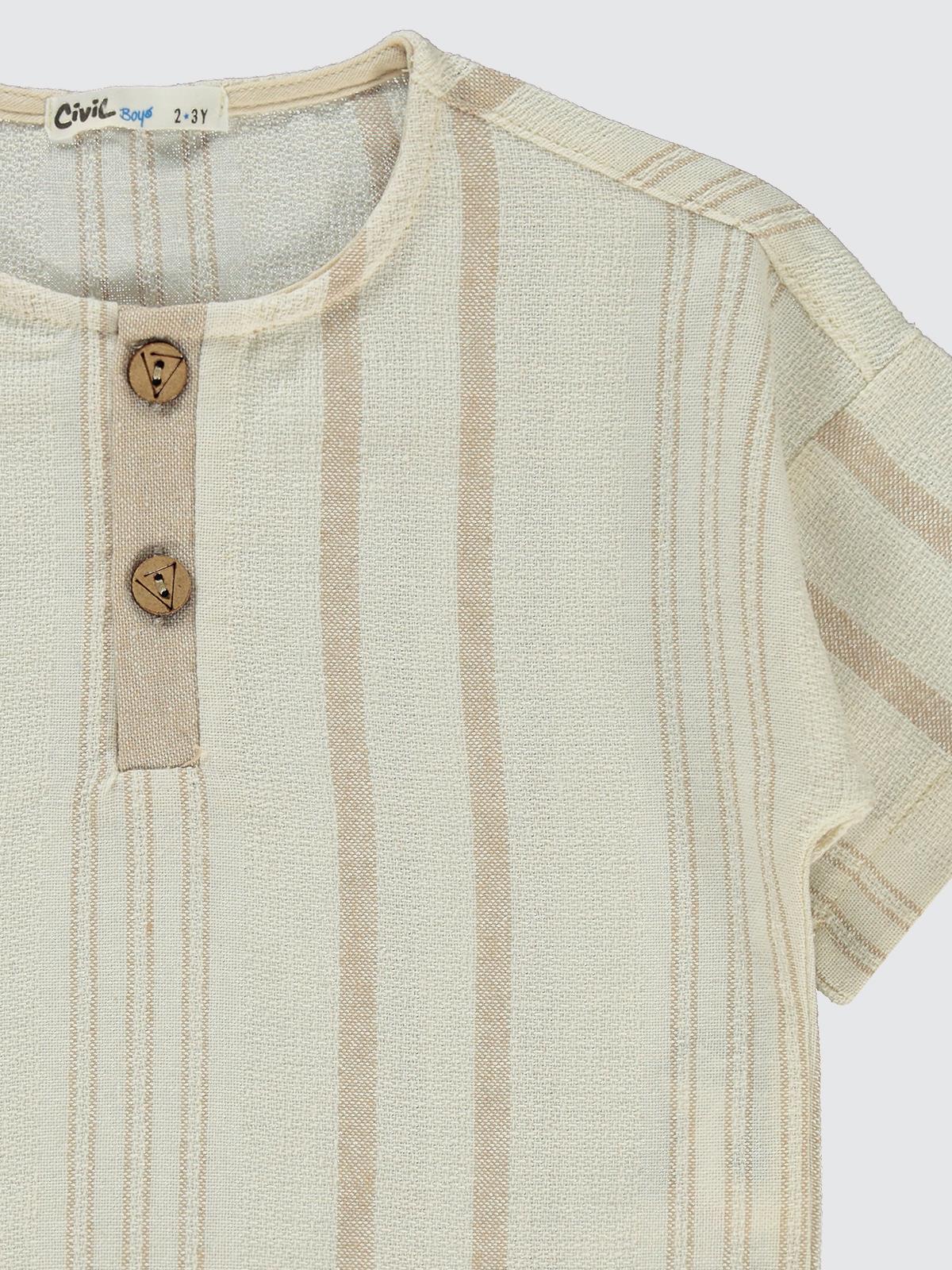 Civil Boys Çizgili Süs Düğmeli 2-5 Yaş Tişört - Bej