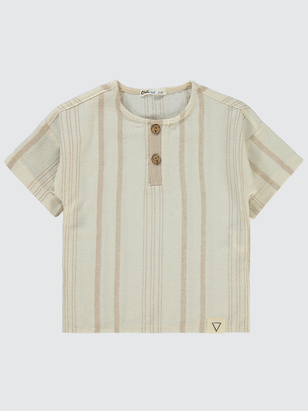 Civil Boys Çizgili Süs Düğmeli 2-5 Yaş Tişört - Bej